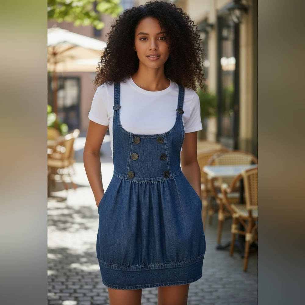 Y2K Guess Denim Bubble Suspender Dress, Pockets, Button Details, EUC, Size 7